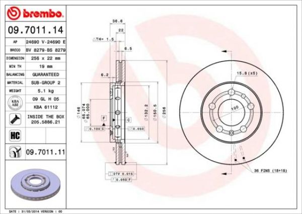Brembo 09.7011.11 brake disc front 256x22mm 5 x 100
