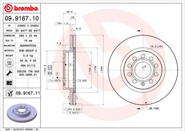 Brembo 09.9167.11 brake disc front 280x22mm 5 x 112