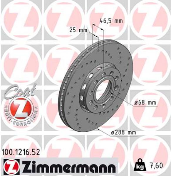 Zimmermann 100.1216.52 Bremsscheibe Vorne 288x25mm 5 x 112