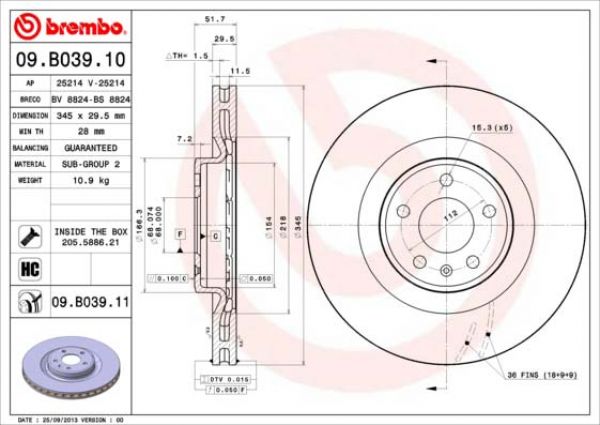 Brembo 09.B039.11 Brake disc Front 345x29.5mm 5 x 112