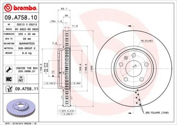 Brembo 09.A758.11 Brake disc Front 320x30mm 5 x 112