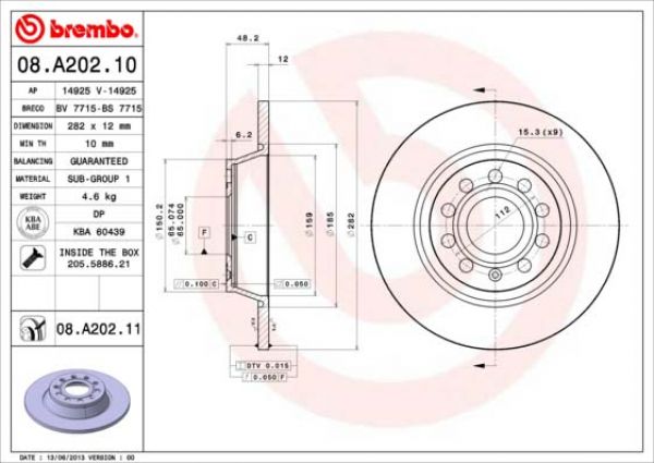 Brembo 08.A202.11 Rear Brake Disc 282x12mm 5 x 112