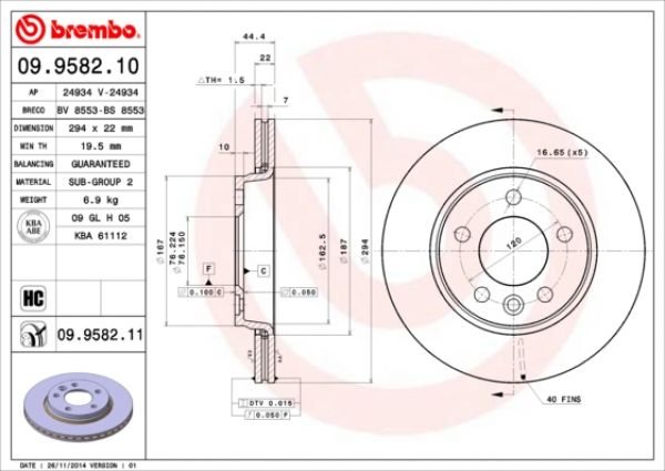 Brembo 09.9582.10 Rear Brake Disc 294x22mm 5 x 120